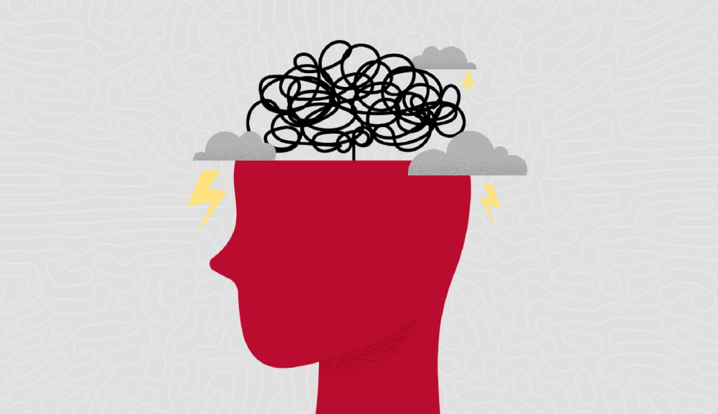 Illustration of a red silhouette of a head with clouds and a jumbled brain.