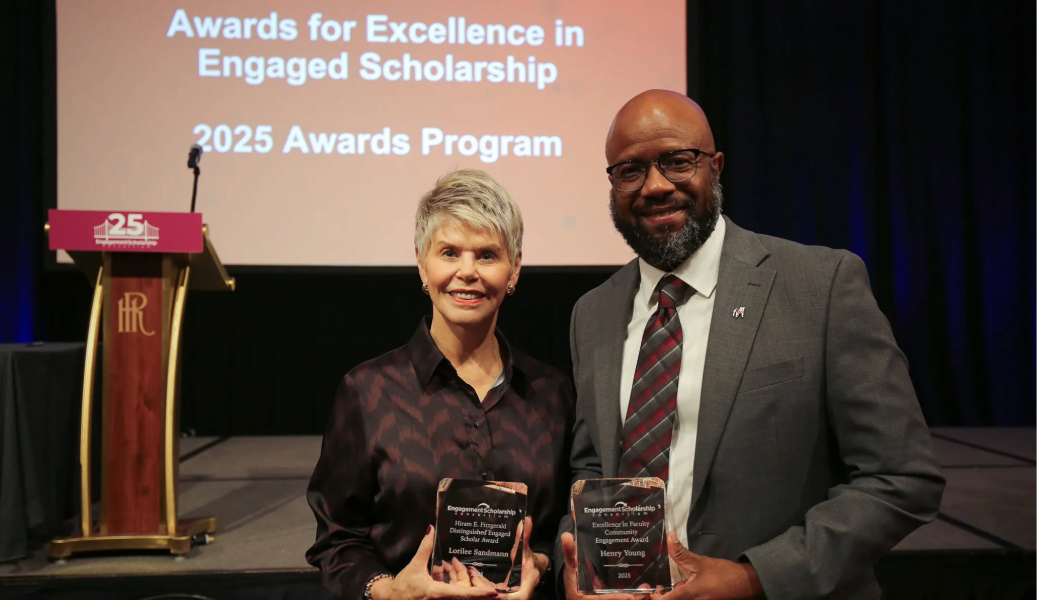 Lorilee Sandmann and Henry N. Young were honored at the Engagement Scholarship Consortium's 2025 awards program.