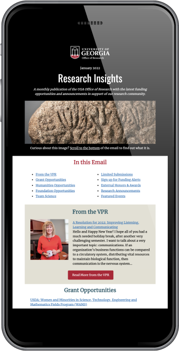 UGA Research Insights email newsletter on a smartphone