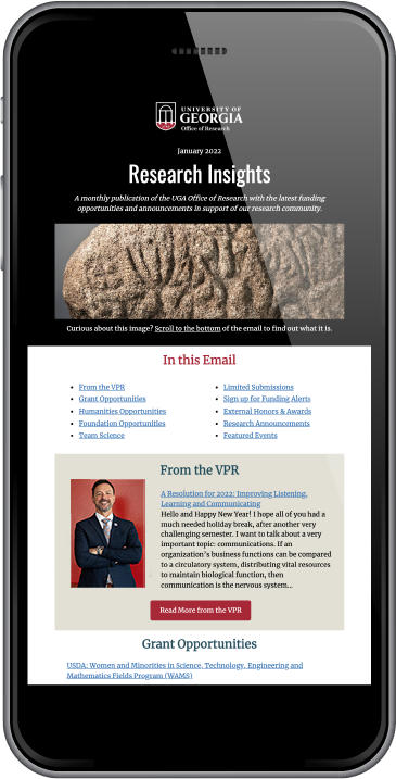 UGA Research Insights email newsletter on a smartphone