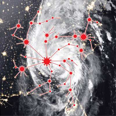 satellite image of hurricane with virus illustrations overlaid