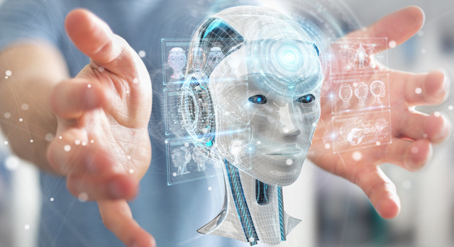 artificial intelligence illustration of robot head between human hands