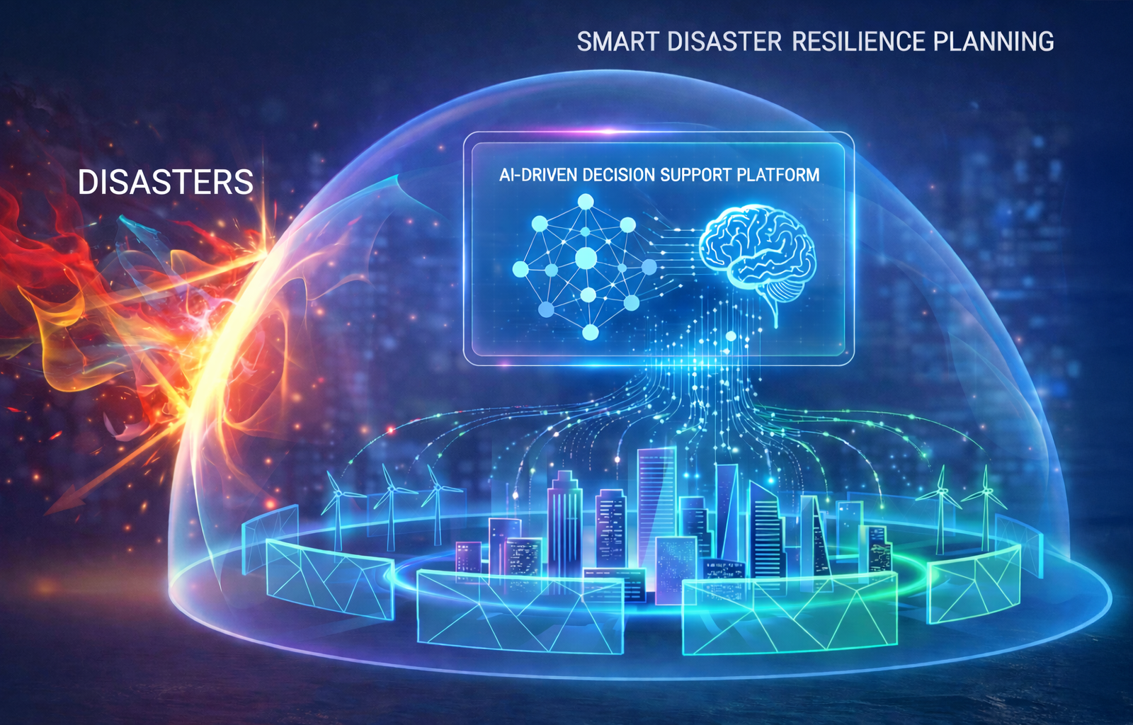 Digital illustration of a city protected by a transparent dome labeled AI-Driven Decision Support Platform, shielding it from fire, with text Smart Disaster Resilience Planning—powered by a Presidential Interdisciplinary Seed Grant.